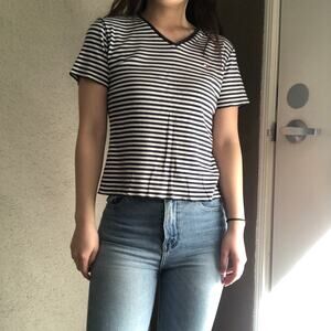 Tommy Hilfiger y2k striped vneck dark blue white tshirt top medium